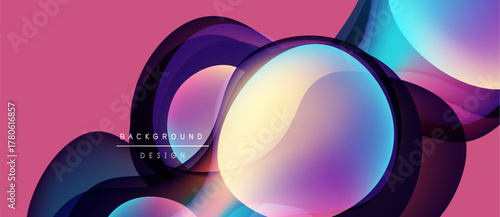 Abstract fluid shapes overlap, creating vibrant color gradients. Pink background complements blue, purple hues. Modern design element.