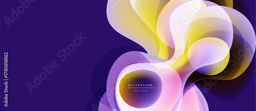 Abstract floral shapes overlap, creating vibrant yellow, purple hues. Background is dark violet. Minimal text present within central petal form.