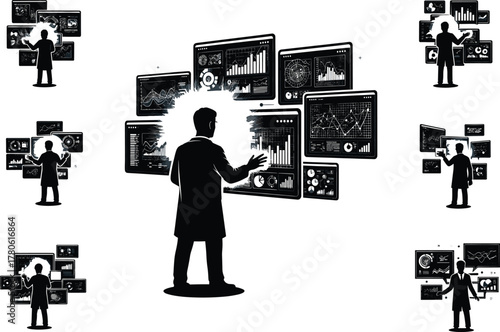 Business analyst with futuristic data dashboard, technology interface, digital analytics visualization, artificial intelligence concept, modern business 