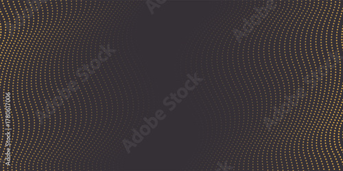 Abstract yellow halftone with dark background with waves for banner. Wave of particles on dark background. Technology backdrop. Pattern for presentations. Illustration background with lines. Wavy Stri