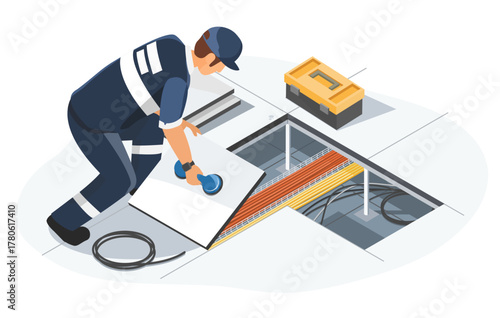 Technician inspecting server room raised floor panels to access network cables in data center environment for maintenance and infrastructure management