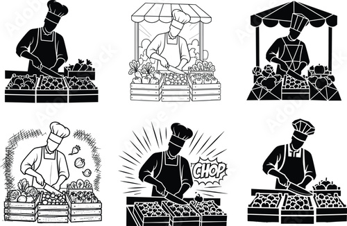 Chef cutting vegetables at market stall, culinary preparation concept, healthy food, organic produce, cooking process, kitchen work, vector illustration design