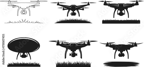 Drone silhouette vector set, black illustrations of quadcopters with cameras, hovering above terrain, aerial photography, UAV design concept