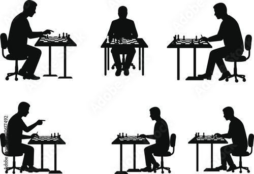 Chess player silhouette sitting at table, playing strategy board game, focused man thinking move, intelligence, competition, concentration, vector illustration concept design