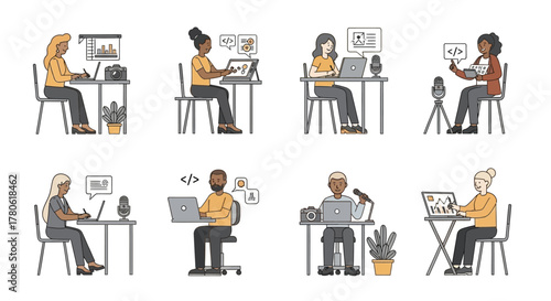 Diverse creators engaged in online digital media production and content creation activities