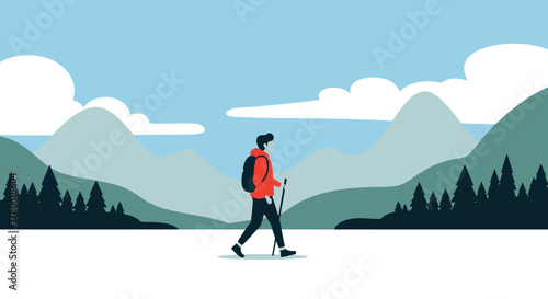 A lone hiker trekking through a serene mountain landscape with a clear sky and peaceful atmosphere