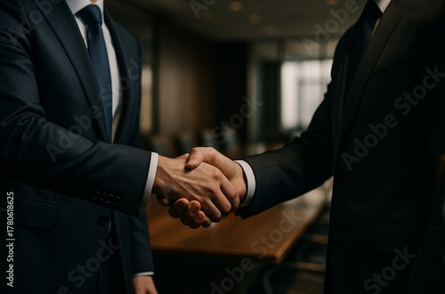 Two businessmen shaking hands in modern office, symbolizing partnership and success. Professional handshake in corporate setting, representing trust and collaboration