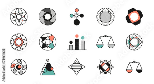 Assorted minimalist geometric icon set symbolizing diversity and modern abstract expressionism, a