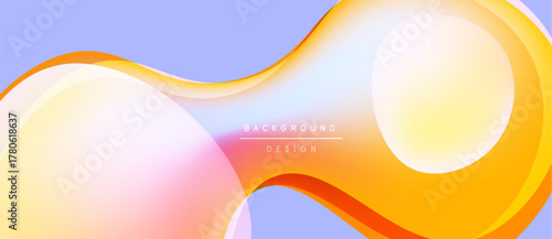 Abstract fluid shapes overlap, creating vibrant color gradients. Soft pinks, oranges, yellows blend into lavender backdrop. Modern design element.