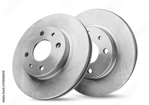 Two car brake discs close-up on a white. Isolated