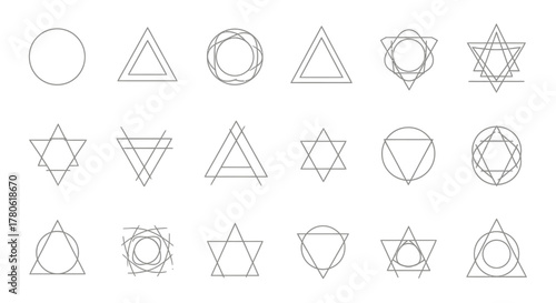 Collection of geometric shape symbols forming a modern minimalistic vector art composition
