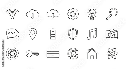 Collection of minimalistic digital icons illustrating diverse functionalities and concepts