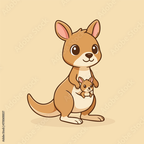 Cute cartoon kangaroo with a joey in its pouch, standing with a happy expression. Adorable Australian marsupial illustration perfect for kids books, posters, stickers, nursery decor, and educational m