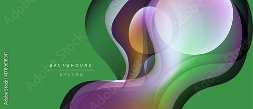 Abstract fluid shapes overlap, creating vibrant color gradients. Green background complements purple, white, black elements. Modern design.