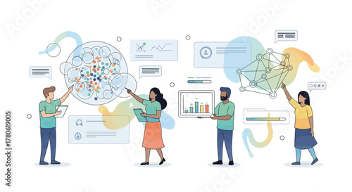 Collaboration for data analysis and business insights: diverse team analyzing complex data on