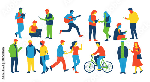 Diverse individuals in vivid colors engaged in daily activities and modern lifestyle
