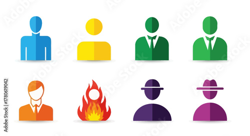 Conceptual icon array portraying diverse individuals and abstract fire element design