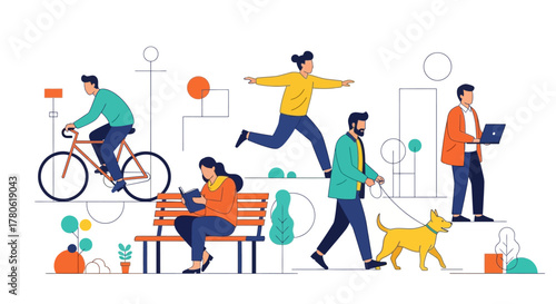 Illustrated urban lifestyle scene with diverse activities and minimalist design elements promoting