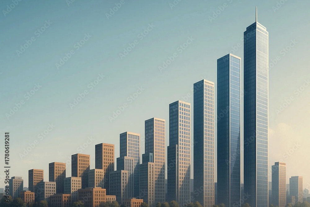 Fototapeta premium Skyscrapers in the form of growing bar chart. Modern city skyline is testament to human ingenuity and architectural marvel, symbolizing progress and ambition