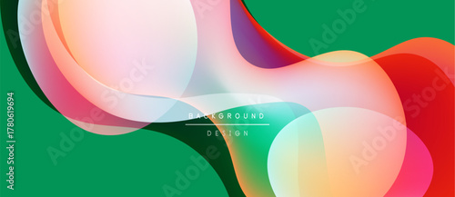 Abstract fluid shapes overlap, creating vibrant color gradients. Green background complements flowing design elements. Modern, dynamic composition.