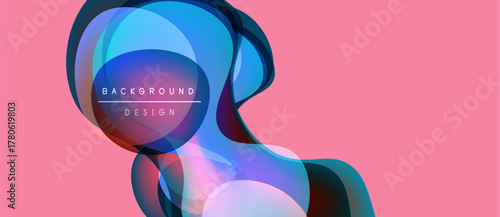 Abstract fluid shapes overlap, creating vibrant color gradients. Pink backdrop enhances dynamic visual composition. Modern design element.