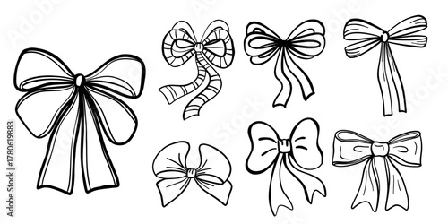 Elegant Hand-Drawn Ribbon Bows Vector Illustration Set for Fashion, Weddings, Crafts and Decorative Design.