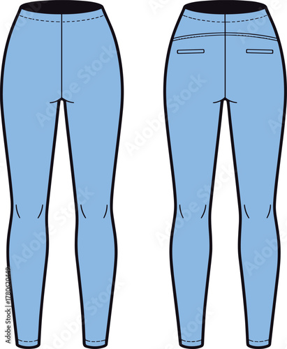 Vector illustration of fitted pants technical flat sketch, high waist leggings design, fashion garment construction drawing, front and back view clothing template