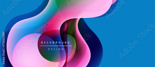 Abstract fluid shapes overlap, creating vibrant color gradients. Blue background complements pinks, purples, greens. Modern design element.