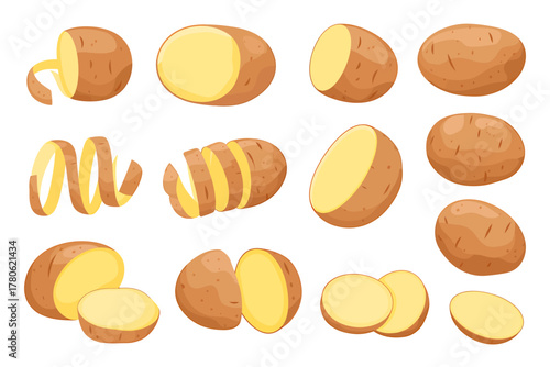 Isolated Illustration of Potatoes in Various Forms Whole Sliced and Peeled Great for Culinary Concepts and Nutritional Guides