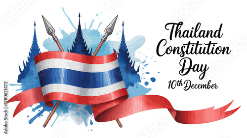 Thailand Constitution Day Celebration Illustration with Flag and Spear Symbols Tenth of December