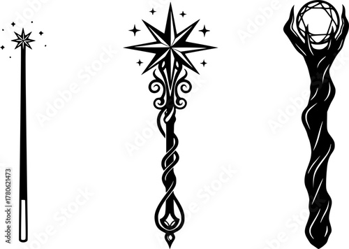 Magic wand isolated black set icon. Black vector set icon wizard stick . Vector illustration magic wand on white background.
