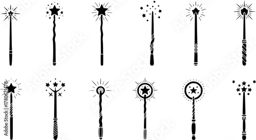Magic wand isolated black set icon. Black vector set icon wizard stick . Vector illustration magic wand on white background.
