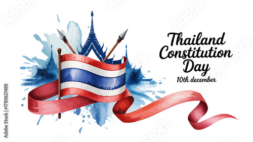 Thailand Constitution Day watercolor illustration with flag temple and spear on white background festive national holiday illustration