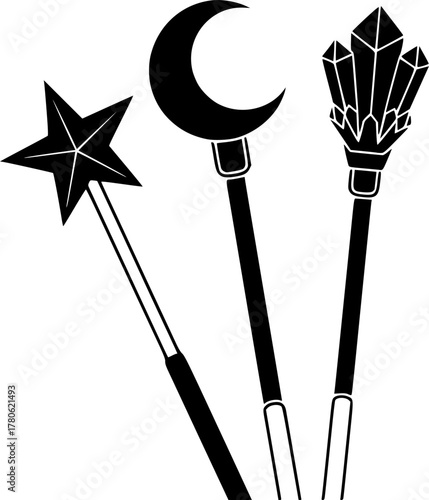 Magic wand isolated black set icon. Black vector set icon wizard stick . Vector illustration magic wand on white background.
