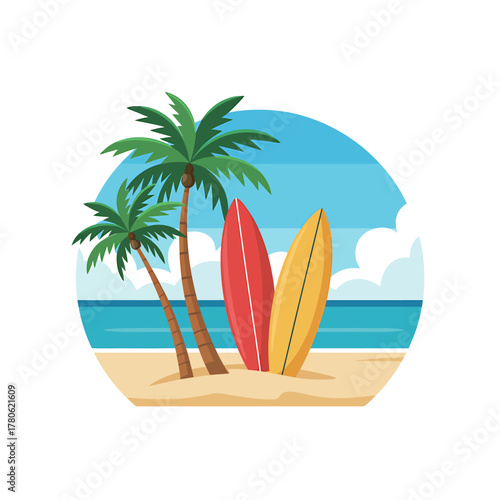 Tropical Beach Scene with Palm Trees Surfboards Ocean and Blue Sky Perfect Summer Vacation Getaway Illustration