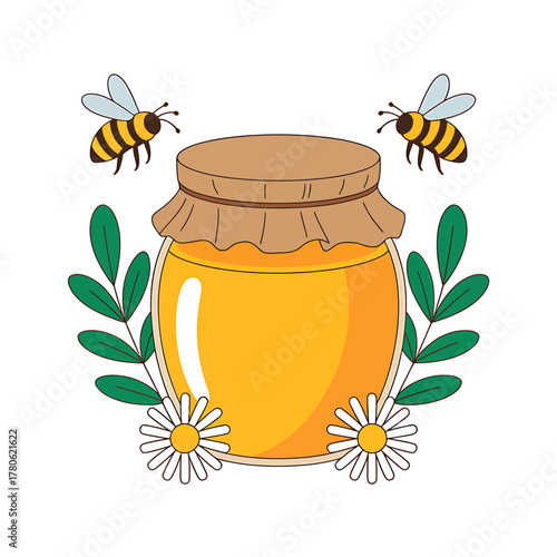 Jar of Fresh Honey with Bees and Chamomile Flowers Illustration on White Background Design for Healthy Lifestyle and Food Products