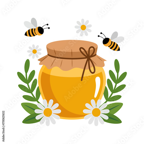 Illustration of honey jar with bees daisies and leaves for organic food and natural sweetener concept artwork