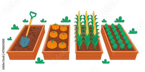 Vegetable Garden with Pumpkins Corn and Lettuce in Raised Beds with Shovel Illustration for Gardening Enthusiasts