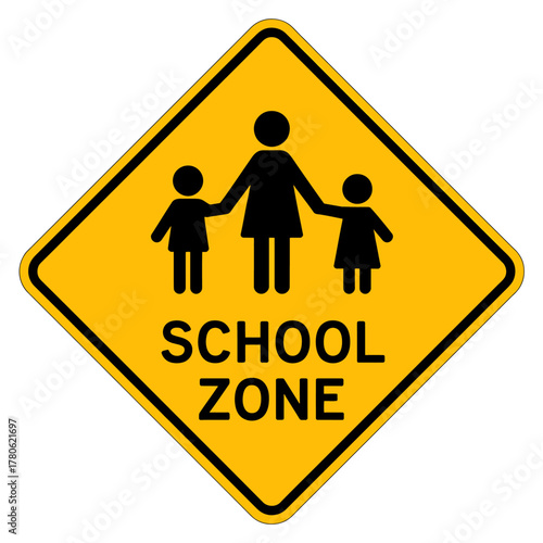 School Zone Sign with Mother and Children Symbol Alerting Drivers to Slow Down for Pedestrian Safety
