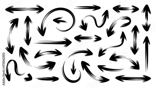 Hand Drawn Grunge Arrows Collection in Black Ink for Direction and Navigation Design Element on White Background