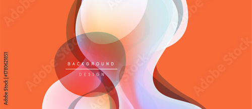 Abstract fluid shapes overlap, creating vibrant color gradients. Orange background complements soft pinks, blues, whites. Modern design element.