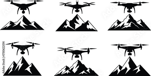 Drone flying above mountain range, black silhouette vector set, aerial exploration, rugged terrain, nature surveillance, quadcopter graphic design