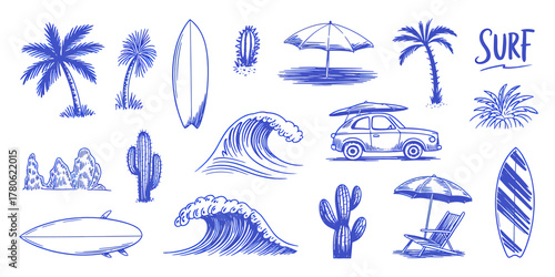 Hand Drawn Surf Elements Vector Illustration Summer Beach Vacation Surfboard Palm Trees Waves Cacti Car with Surfboard and Beach Chair Set