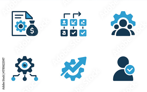 Blue Vector Illustration Featuring Business Process and Management Concepts for Digital and Print Media Designs