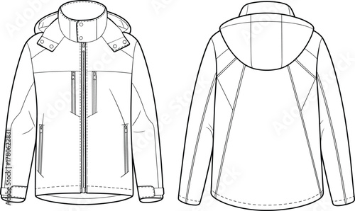 Technical jacket flat sketch, hooded outerwear vector, fashion CAD drawing, garment design illustration, apparel template
