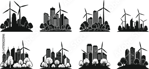 Eco cityscape silhouettes, urban wind energy, green architecture design, sustainable skyline art, renewable power illustration
