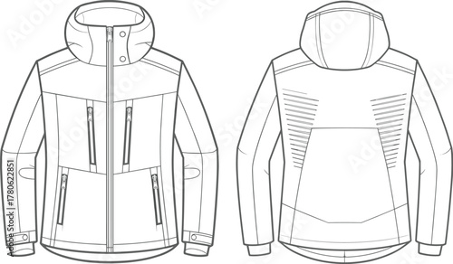 Technical jacket flat sketch, hooded outerwear vector, fashion CAD drawing, garment design illustration, apparel template, zipper detail