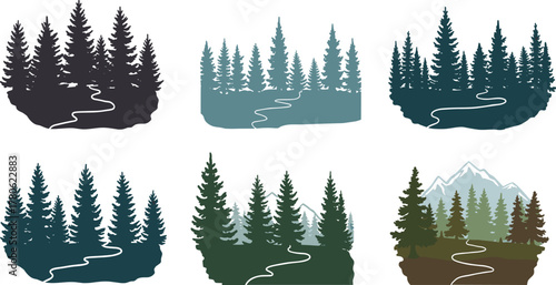 Forest landscape vector illustration, pine tree silhouettes with mountain view, nature scene design, outdoor adventure art