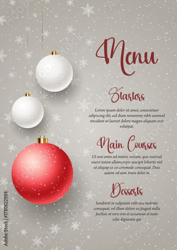 Christmas menu with elegant hanging baubles design 