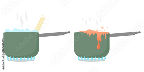 illustration of pot of water being heated on a stove, with pasta being cooked in it and saucepan on a stove burner, with a liquid boiling over the top.